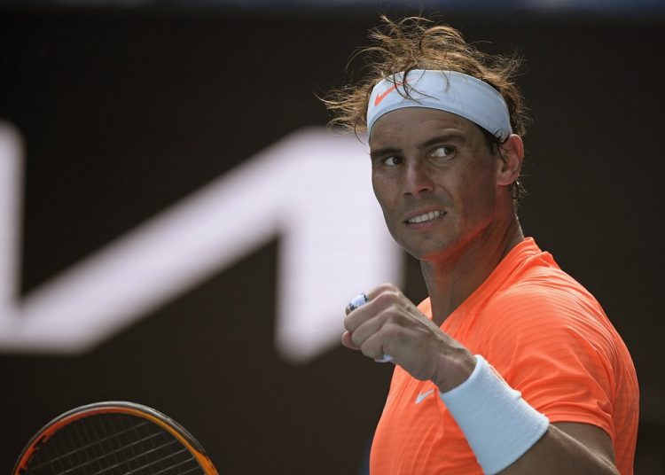 Spain’s Rafael Nadal hitting a return against Italy’s Fabio Fognini during their men’s singles match on day eight of the Australian Open tennis tournament in Melbourne.