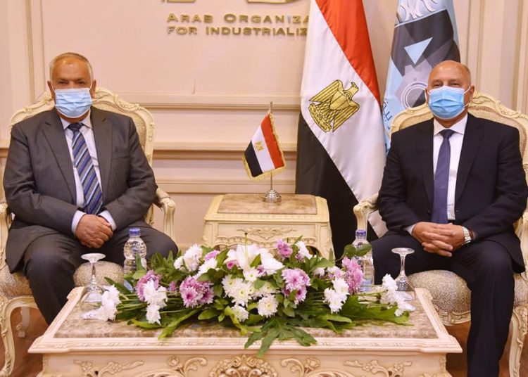 Minister of Transport Kamel el-Wazir (right) met with Chairman of the Arab Organisation for Industrialisation (AOI) Abdel Monem el-Terras Friday