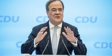 CDU party chairman and Prime Minister of federal state North Rhine-Westphalia, Armin Laschet speaking at the kick-off event of the participation campaign for the party's election platform at the party's headquarters in Berlin, Germany, March 30, 2021.