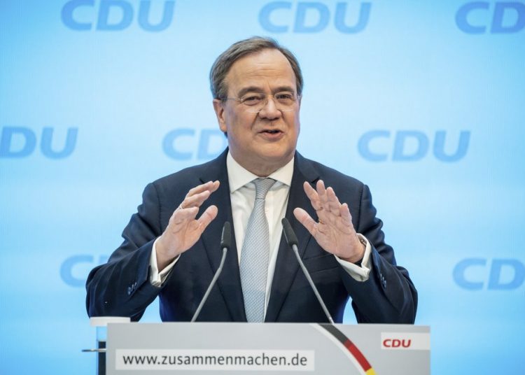 CDU party chairman and Prime Minister of federal state North Rhine-Westphalia, Armin Laschet speaking at the kick-off event of the participation campaign for the party's election platform at the party's headquarters in Berlin, Germany, March 30, 2021.