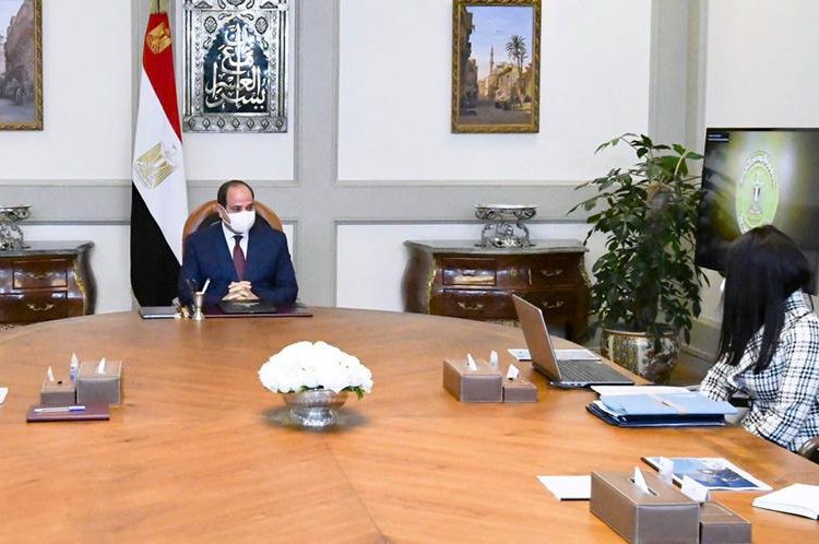 president during his meeting with Prime Minister Moustafa Madbouli and International Co-operation Minister Rania al-Mashat