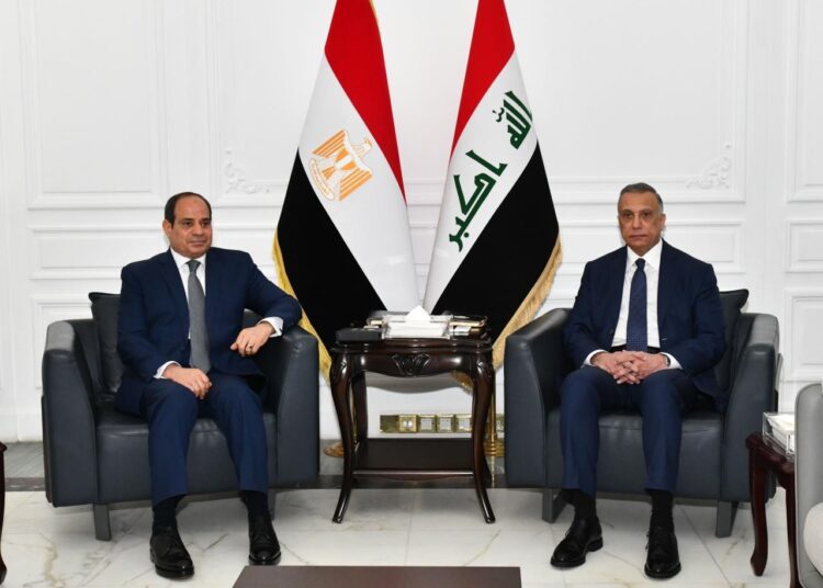 President Sisi during meeting in Baghdad Sunday with Iraqi Prime Minister Mustafa Al-Kadhimi,
