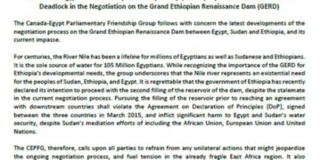 Canadian group calls upon Ethiopia not to take unilateral action on dam