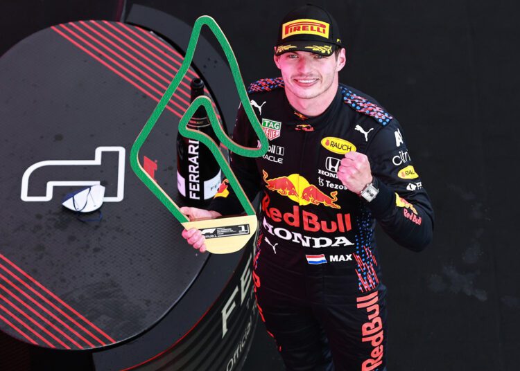 Race winner Max Verstappen of Netherlands and Red Bull Racing celebrates on the podium during the F1 Grand Prix of Styria at Red Bull Ring in Spielberg, Austria.