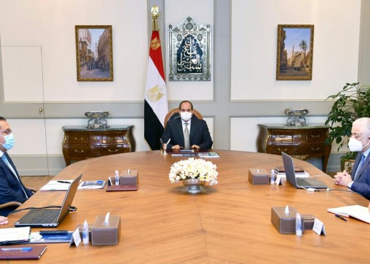 PRESIDENT Abdel Fattah El Sisi during his meeting with Prime Minister Moustafa Madbouli, Minister of Education Tarek Shawki and Minister of Communications and Information Technology Amr Talaat