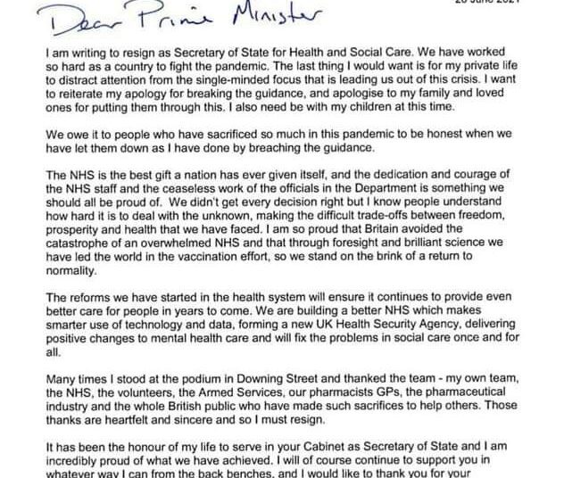 Hancock wrote to Prime Minister Boris Johnson to resign, saying he had let people down.