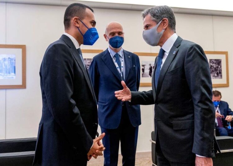 US Secretary of State Antony Blinken speaking with Italy's Foreign Minister Luigi Di Maio, as he arrives at a G20 foreign ministers meeting in Matera, Italy June 29, 2021.
