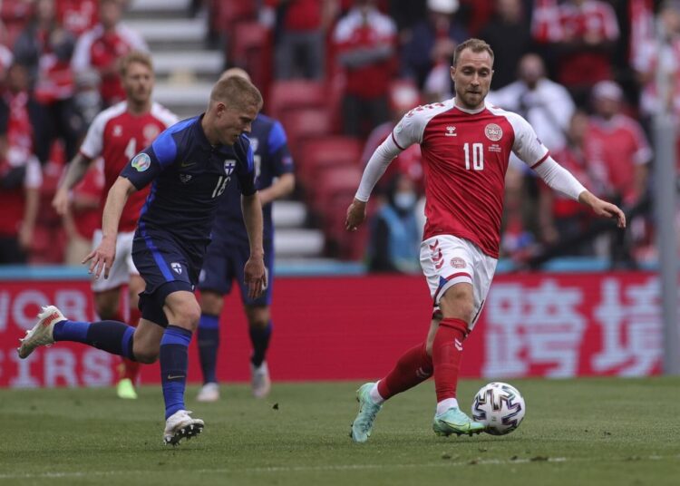 Denmark's Christian Eriksen controls the ball during the Euro 2020 group B match against Finland in Copenhagen, Denmark.