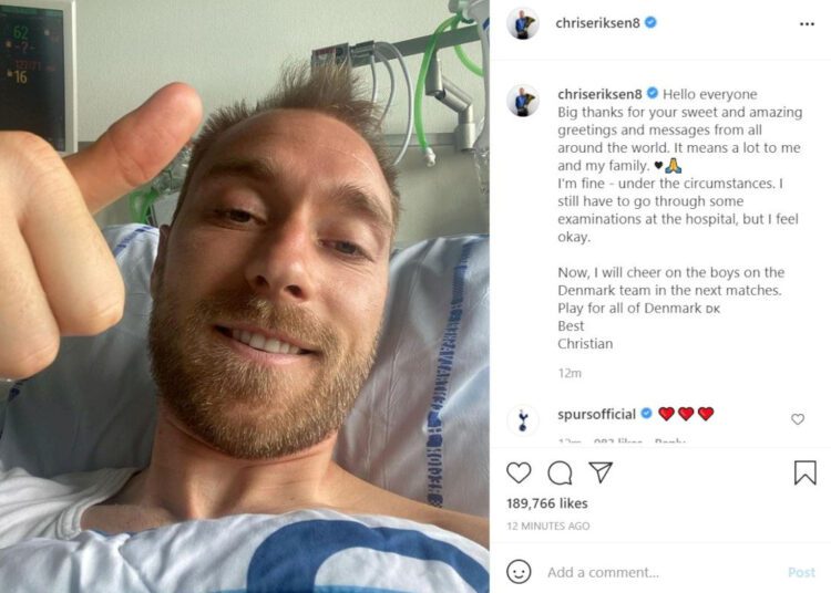 A message is seen on an Instagram account of Danish footballer Christian Eriksen next to a photograph of him giving a thumbs-up at Rigshospitalet, where he is treated after he collapsed during a Euro 2020 game on Saturday, in Copenhagen, Denmark, in this screen grab from a social media post published June 15, 2021.