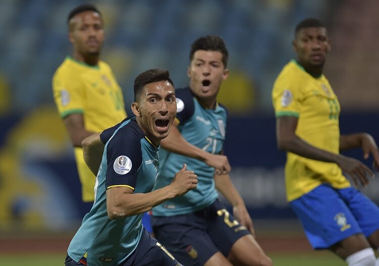 Ecuador's Angel Mena (C) celebrates after scoring against Brazil during the Copa America 2021 group phase match.