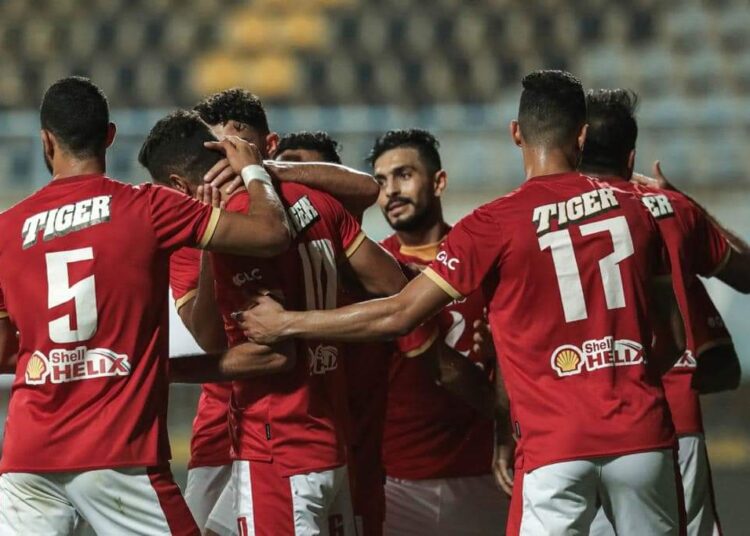 Al-Ahly's players celebrating after scoring against Aswan at the Egyptian Premier League.