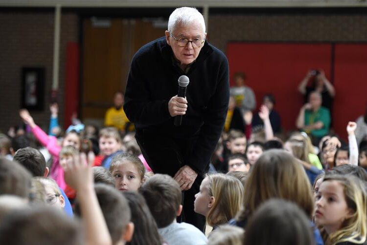 A file photo showing children's book author and illustrator Marc Brown, an Erie, Pa., native, meets with Grandview Elementary School students in Millcreek Township, Pa. Brown is a three-timeEmmy award winner and the creator of the "Arthur" television series adapted from his books.
