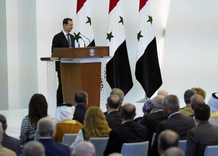 Assad: Funds frozen in Lebanese banks biggest impediment to investment 1 - Egyptian Gazette Syrian President Bashar Assad taking the oath of office at the Syrian Presidential Palace in the capital Damascus on Saturday.
