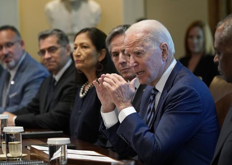 President Joe Biden speaks during a meeting with his Cabinet in the Cabinet Room at the White House in Washington.