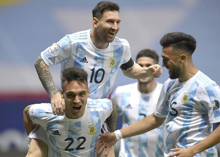 Argentina's Lionel Messi celebrates scoring third goal against Ecuador at the Copa America on  July 3, 2021.