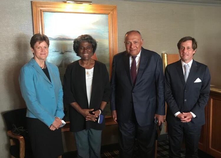 Photo shows Sameh Shoukry 2nd (R) ahead of meeting Tuesday with the US, British and French permanent representatives to the UN in New York