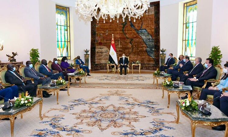 President Abdel Fattah El Sisi during his meeting with South Sudan Vice President James Wani Igga and the accompanying delegation.