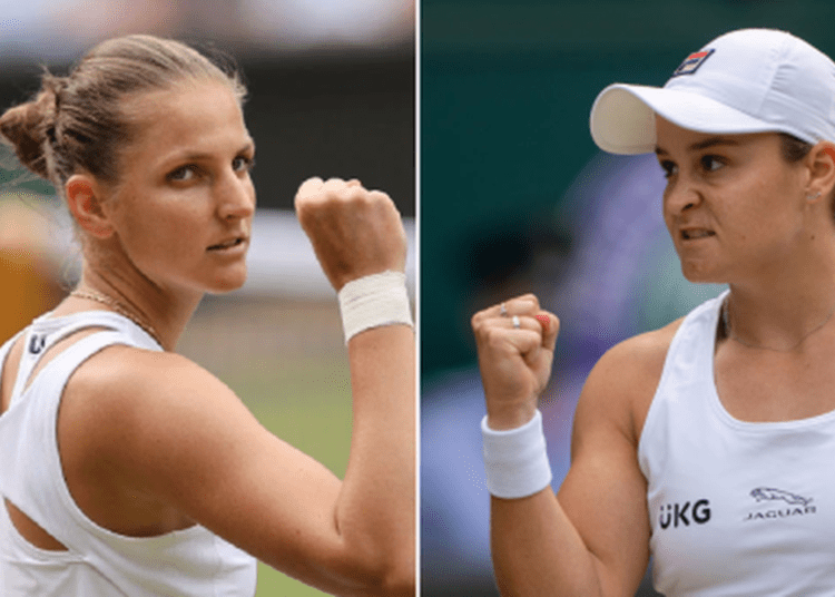 World number one Ashleigh Barty (R) will face Czech eighth seed Karolina Pliskova in the Wimbledon final on Saturday.