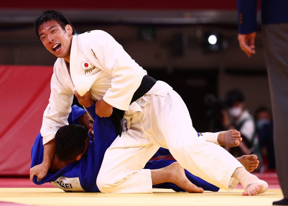 Takanori Nagase of Japan reacts after winning gold against Saeid Mollaei of Mongolia at the Tokyo 2020 Olympics on Tuesday July 27, 2021.