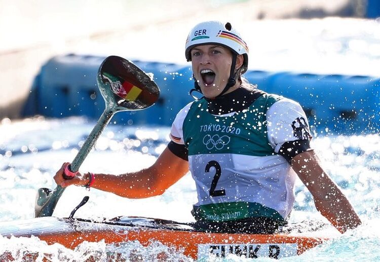 Ricarda Funk of Germany reacts after competing in the women's Canoe Slalom at the Tokyo 2020 Olympics on Tuesday July 27, 2021.