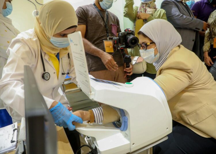 A File photo of Health Minister Hala Zayed donating blood plasma at Ehab Serag El-Din Centre for blood transfusion services in Giza’s Al-Agouza district.
