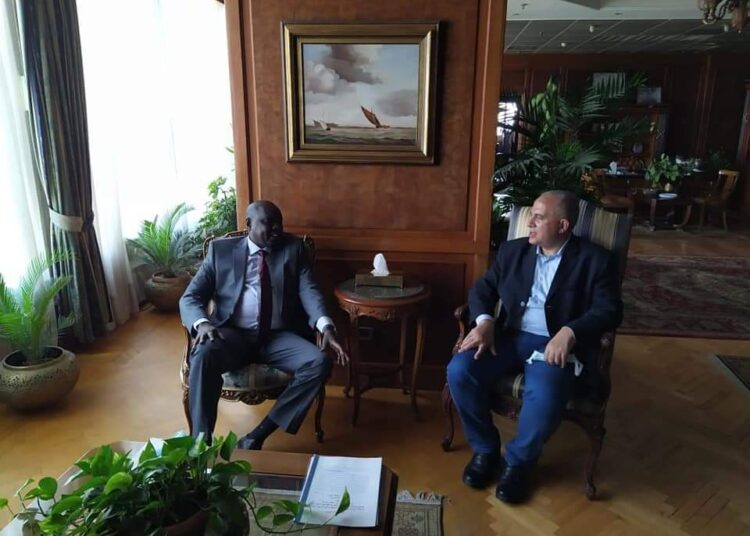 Min. reviews water projects carried out in S. Sudan 1 - Egyptian Gazette Minister of Water Resources and Irrigation Mohamed Abdel Aati during his talks with the visiting South Sudanese counterpart, Minister of Water Resources and Irrigation Manawa Peter in Cairo on Sunday.
