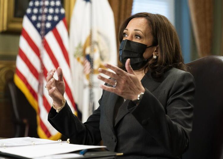 Vice President Kamala Harris speaking during a meeting with Native American community leaders about voting rights together with Secretary of the Interior Deb Haaland, in the Vice President's Ceremonial Office at the Eisenhower Executive Office Building on the White House complex, in Washington, Tuesday, July 27, 2021.
