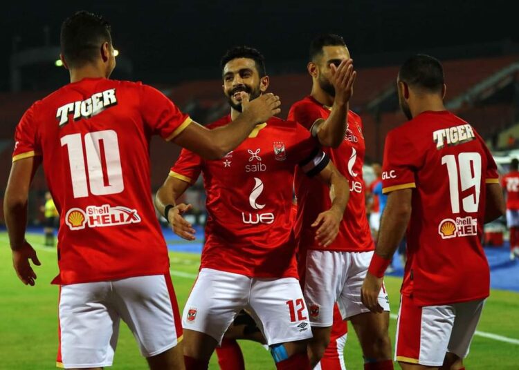 Al-Ahly’s players celebrating after scoring against National Bank of Egypt.