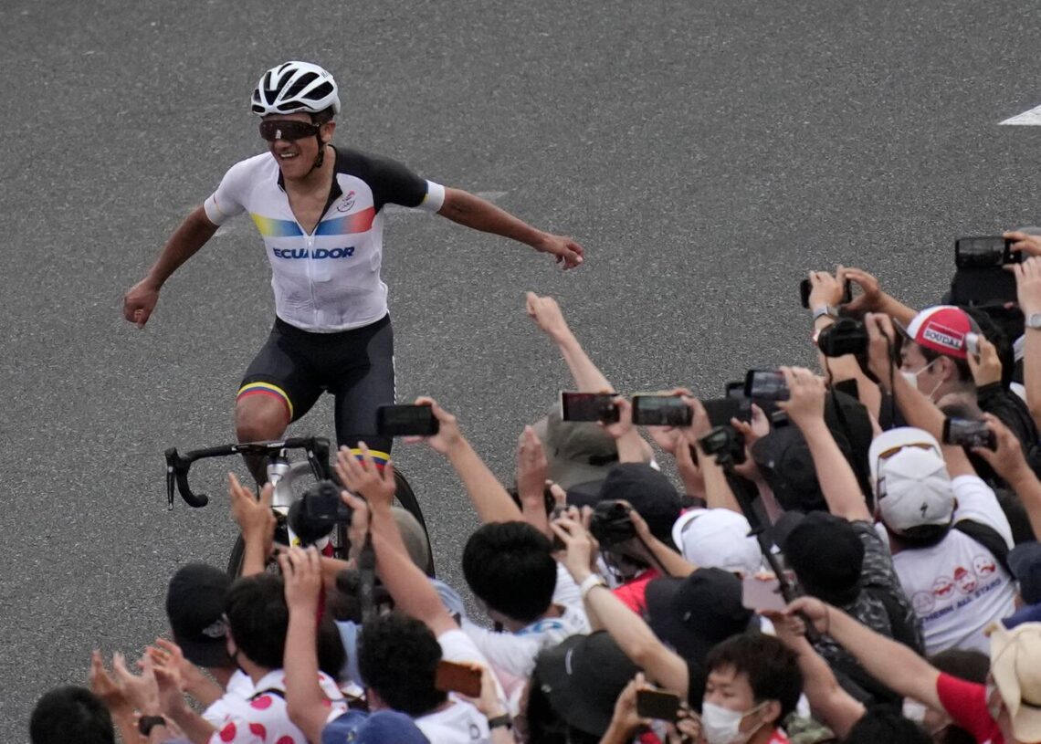 Richard Carapaz of Ecuador reacts after winning the men's cycling road race at the 2020 Summer Olympics, Saturday, July 24, 2021, in Oyama, Japan.