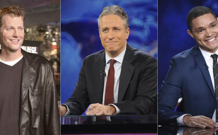 In this combination photo, Craig Kilborn, former host of "The Daily Show," appears at the premiere of "Old School" in Los Angeles on Feb. 13, 2003, from left, Jon Stewart appears during a taping of "The Daily Show with Jon Stewart" in New York on Nov. 30, 2011 and Trevor Noah appears during a taping of "The Daily Show with Trevor Noah" in New York on Sept. 29, 2015. Comedy Central's “The Daily Show,” launched 25 years ago this month, dedicated to skewering journalism and warning viewers about how they take in their news.