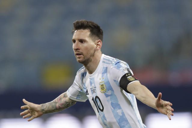 Messi driving Argentina at Copa America 1 - Egyptian Gazette Argentina's Lionel Messi celebrates scoring his side's third goal against Ecuador during a Copa America quarter-final soccer match at the Olimpico stadium in Goiania, Brazil, July 3, 2021.