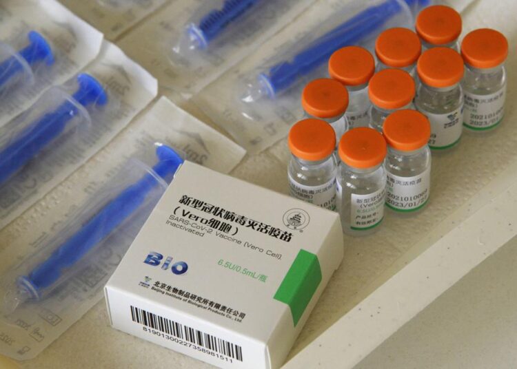 A file photo shows vials of COVID-19 vaccines produced by Chinese Sinopharm are seen in the office of general practitioner Gyorgy Teleki in Taplanszentkereszt, Hungary on April 1, 2021.