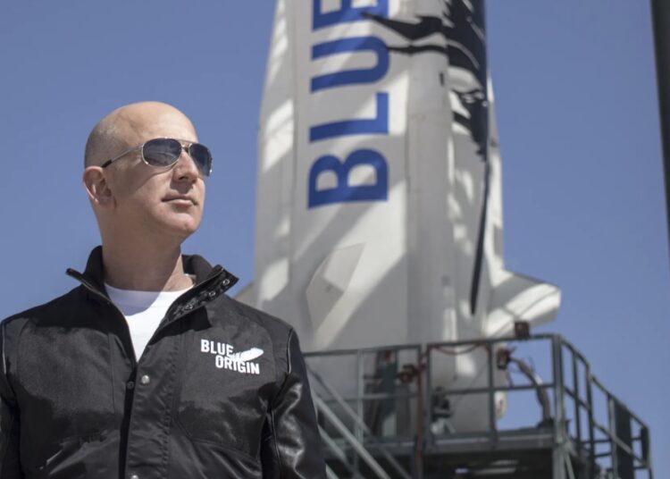 Earth’s richest man to blast off into space 1 - Egyptian Gazette A file photo of Jeff Bezos, founder of Blue Origin, at New Shepard’s West Texas launch facility before the rocket’s maiden voyage.