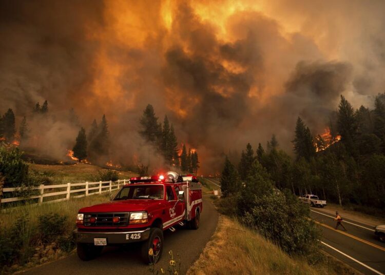 Firefighters battle the Tamarack Fire in the Markleeville community of Alpine County, California.