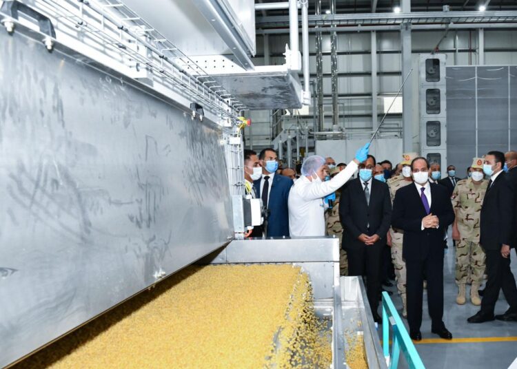 President Abdel Fattah El Sisi, flanked by a host of government ministers and state senior officials, inspecting Silo Foods Industrial City in Sadat city, which he inaugurated on Tuesday.