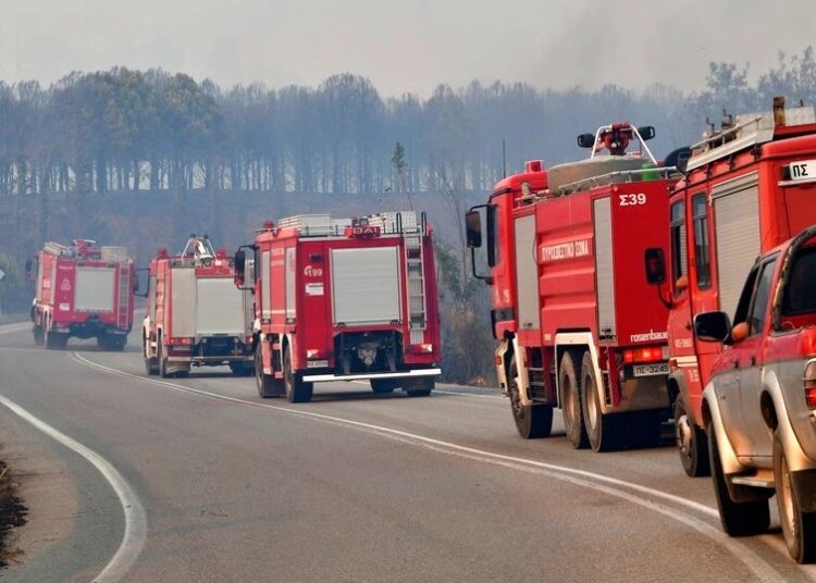 A convoy of fire trucks use a road during a wildfire in Lalas village, near Olympia town, western Greece.