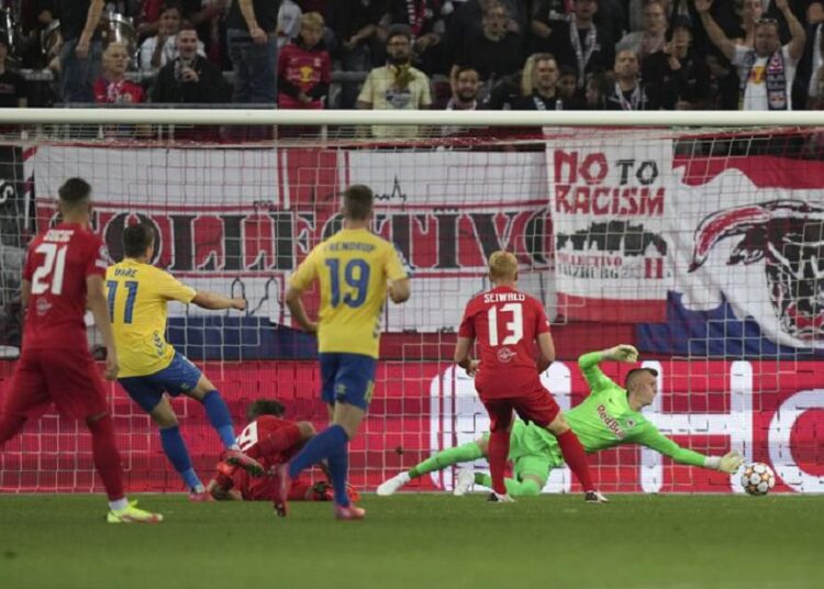 Brondby's Mikael Uhre (2nd L) scores his side's opening goal during the Champions League Play-offs, 1st leg match agaisnt Salzburg in Salzburg, Austria.