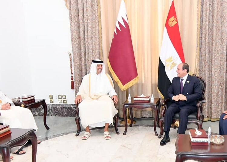 President Sisi meets Emir of Qatar in Baghdad 1 - Egyptian Gazette President Abdel Fattah El Sisi during his meeting with Emir of Qatar Sheikh Tamim ibn Hamad Al Thani in Baghdad on Saturday.