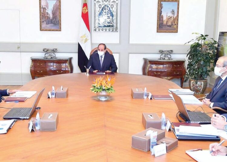 President Abdel Fattah El Sisi during his meeting on Monday with Prime Minister Moustafa Madbouli, Presidential Assistant for National and Strategic Projects Sherif Ismail, Minister of Finance Mohamed Maeet and Minister of Housing Assem el-Gazzar.