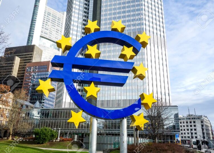Euro sign. European Central Bank is the central bank for the euro and administers the monetary policy of the Eurozone.