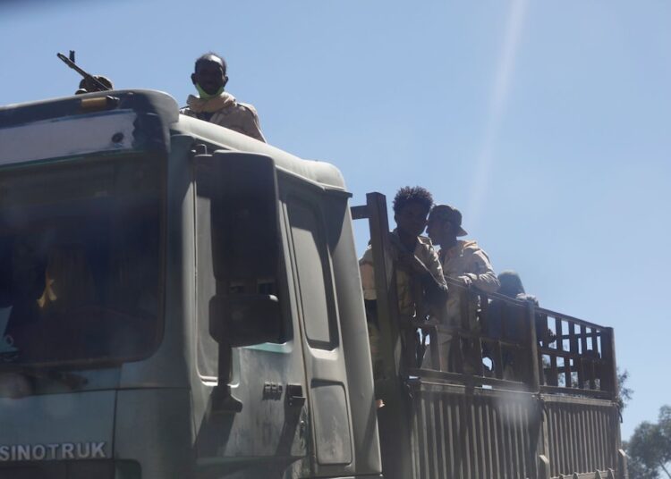 Troops in Eritrean uniforms are seen on top of a truck near the town of Adigrat, Ethiopia, March 14, 2021.