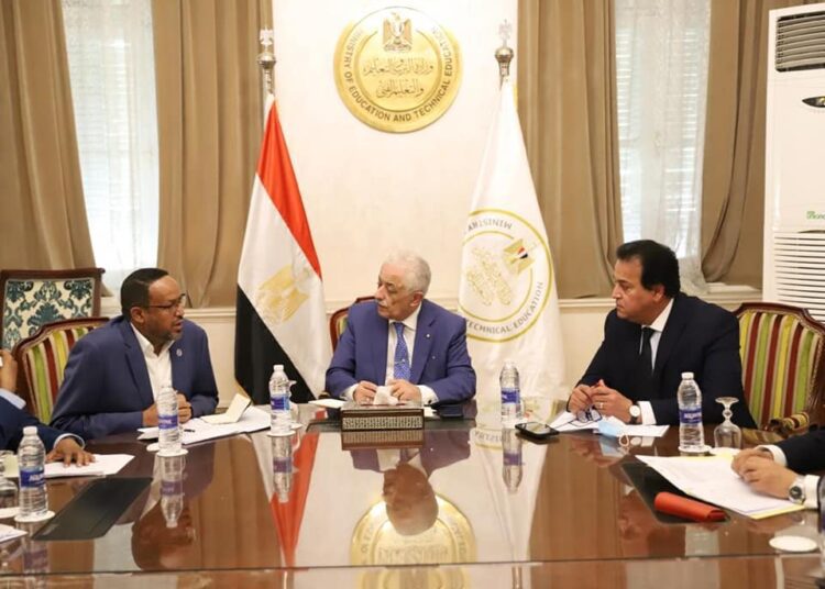 Minister of Higher Education Khaled Abdel Ghaffar and Education Minister Tarek Shawky during Wednesday's meeting with Abdullah Abu Kar Haj, Somali Minister of Education, Culture and Higher Education.