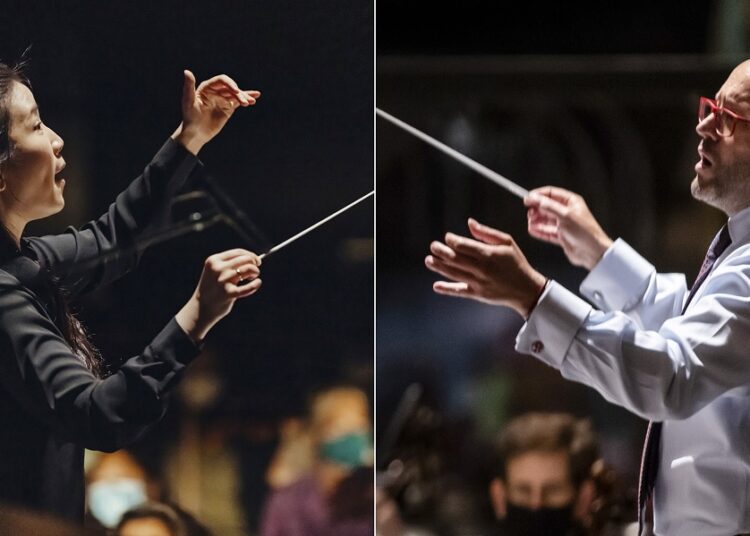 This combination of photos shows Korean-born Eun Sun Kim, San Francisco Opera's first female music director, during a performance of Puccini's “Tosca,” on Aug. 20, 2021, left, and Lyric Opera of Chicago's music director Enrique Mazzola during a taped performance of "Pagliacci" in Chicago in June 2021. Mazzola will open Lyric's season on Sept. 17 with Verdi's “Macbeth."