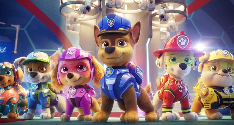 Zuma (voiced by Shayle Simons), Rocky (voiced by Callum Shoniker), Skye (voiced by Lilly Bartlam), Chase (voiced by Iain Armitage), Marshall (voiced by Kingsley Marshall), and Rubble (voiced by Keegan Hedley) in Paw Patrol: The movie from Paramount Pictures.