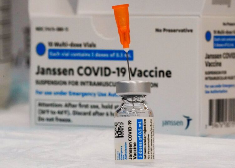 Vials labelled the Johnson & Johnson COVID-19 vaccine is seen at a pop up vaccination site in New York.