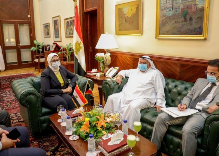 Health Minister Hala Zayed during her meeting on Tuesday with Kuwait’s Ambassador in Cairo Mohamed Saleh Al-Thuwaikh.