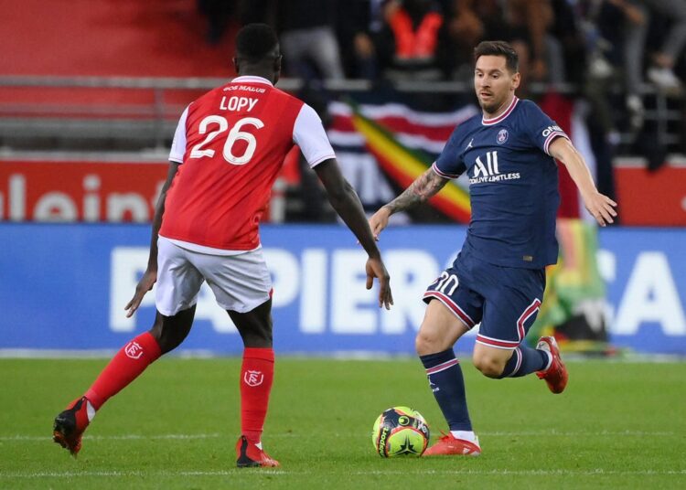 Paris St Germain's Lionel Messi during the game against Reims in the French league.