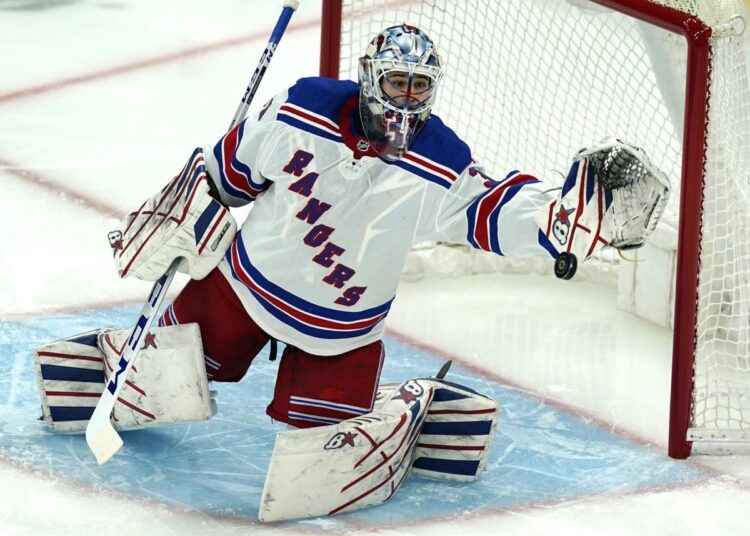Rangers sign Shesterkin, Flyers, Caps resign goalies 1 - Egyptian Gazette New York Rangers goaltender Igor Shesterkin watches the puck go wide during the NHL hockey game against the Boston Bruins in Boston on May 6, 2021.