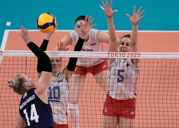 United States' Michelle Bartsch-Hackley spikes the ball during the women's volleyball semi-final match against Serbia at the 2020 Olympics, Friday, Aug. 6, 2021, in Tokyo, Japan.