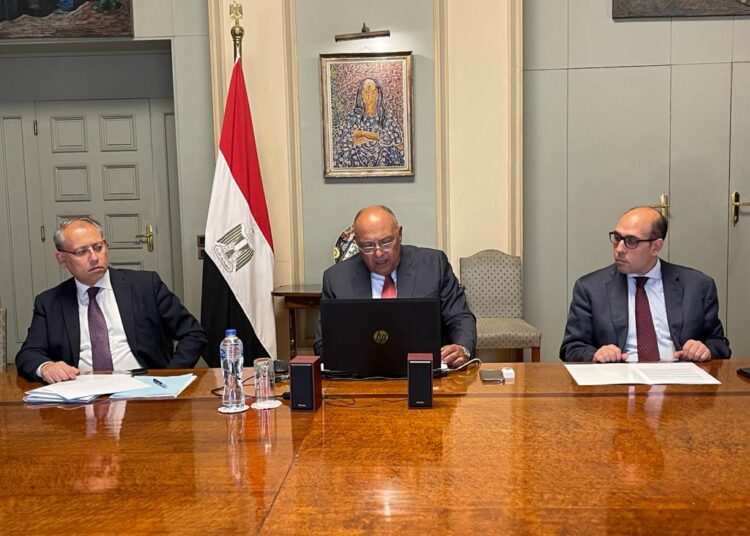 Egypt stresses need to speed up coronavirus vaccination in developing countries 1 - Egyptian Gazette Foreign Minister Sameh Shoukri speaking on Thursday during the the First Meeting of the International Forum on Covid-19 Vaccine Co-operation.